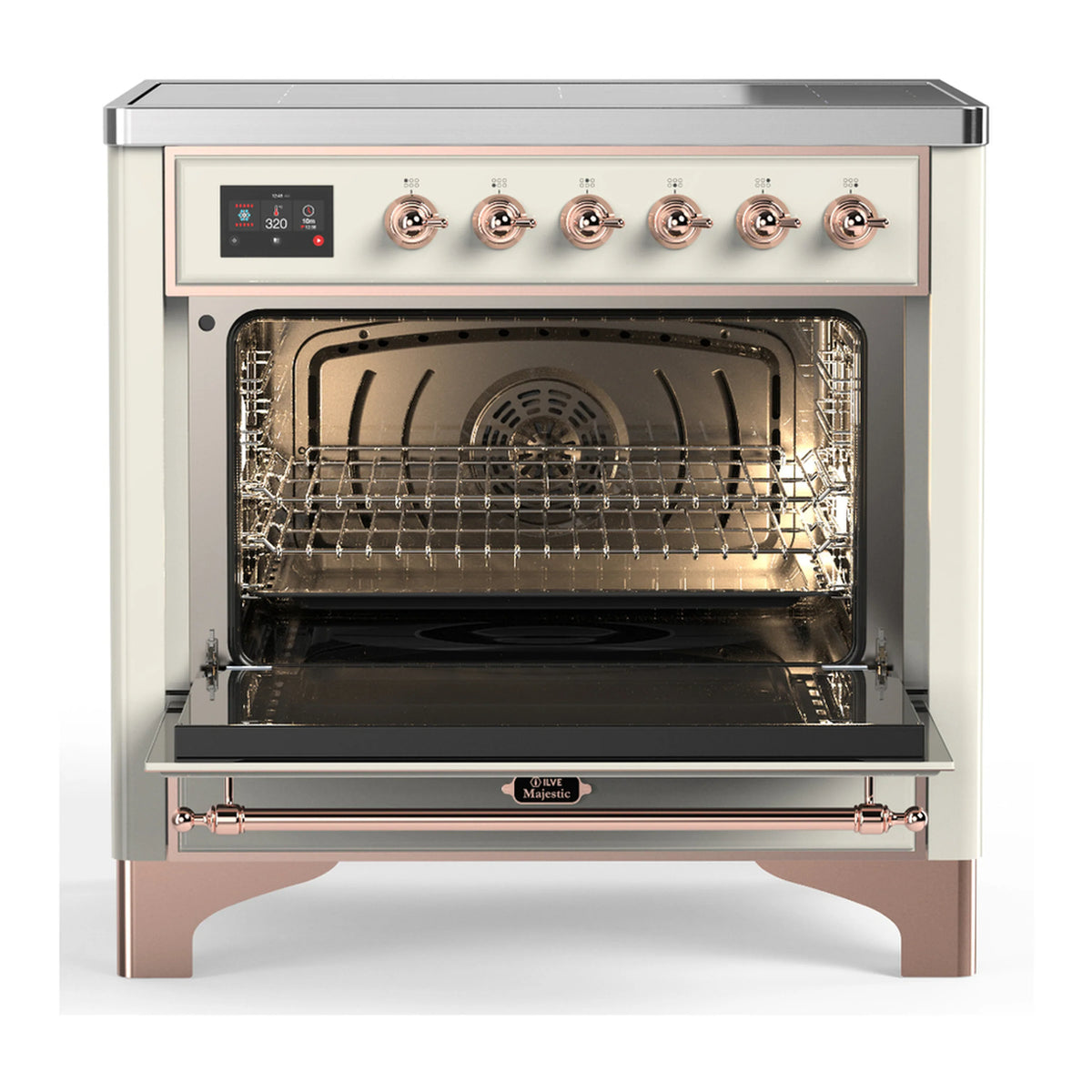 Antique white induction range with copper-trimmed control panel and open oven
