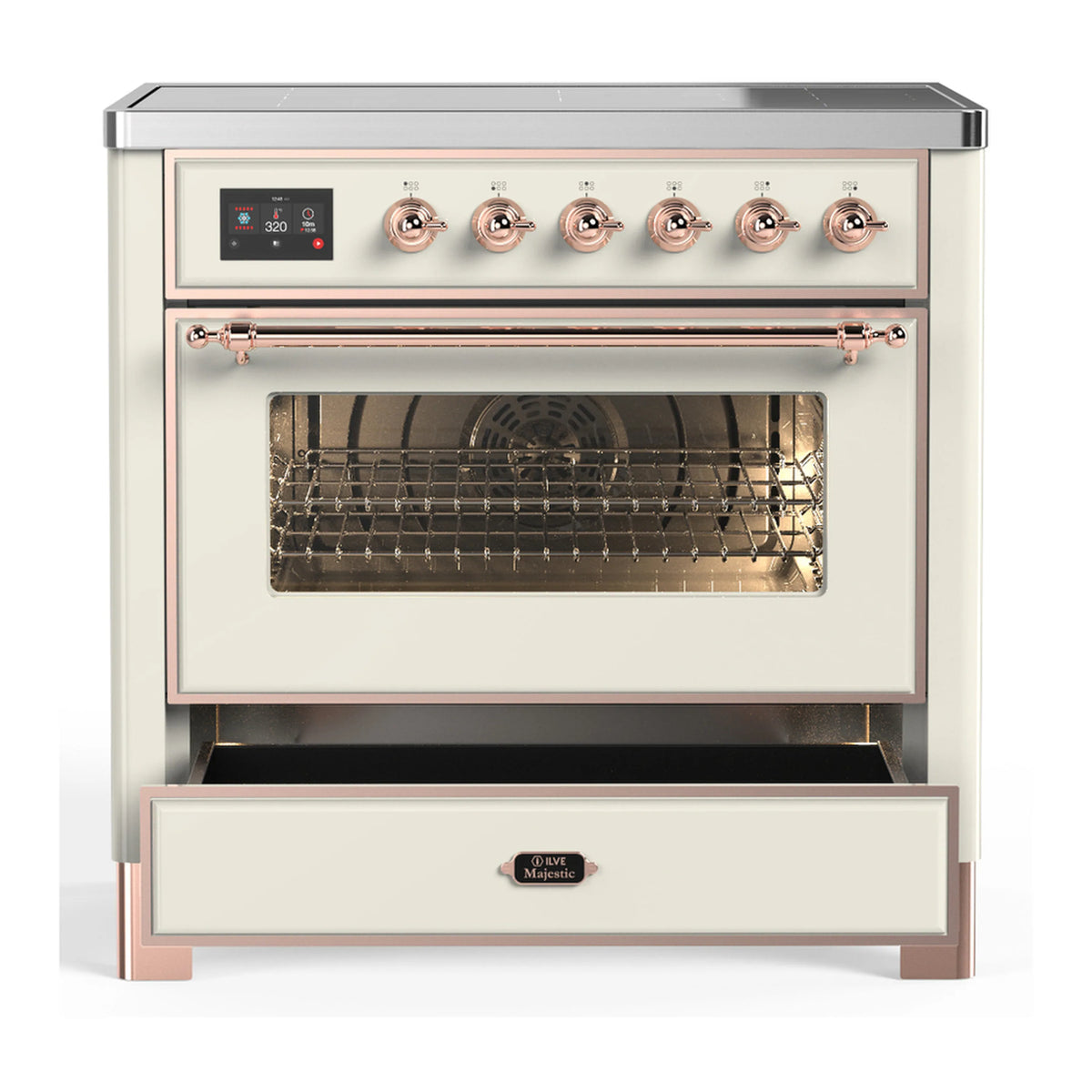 Antique white induction range with copper trim, oven window, and open lower drawer