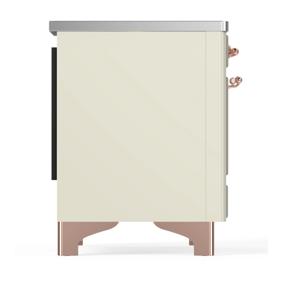 Antique white oven range side panel with copper knob detail