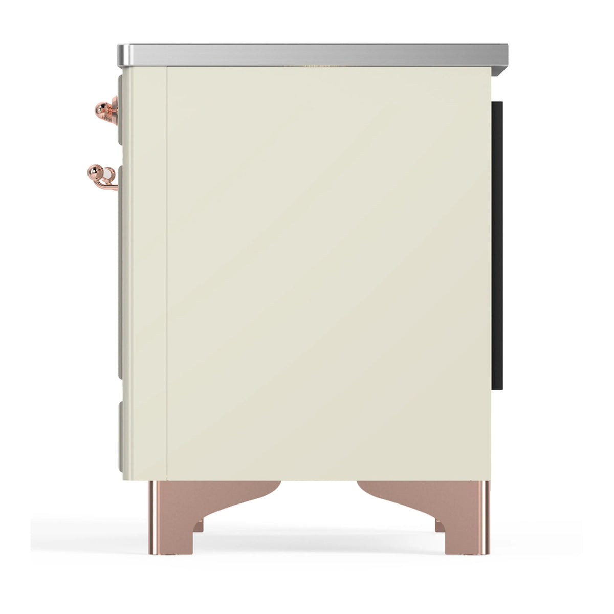 Antique white induction range side panel with copper control hardware