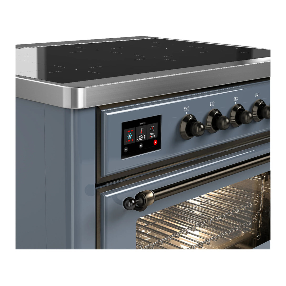 Blue grey induction range control panel with knobs and black cooktop glass, close-up