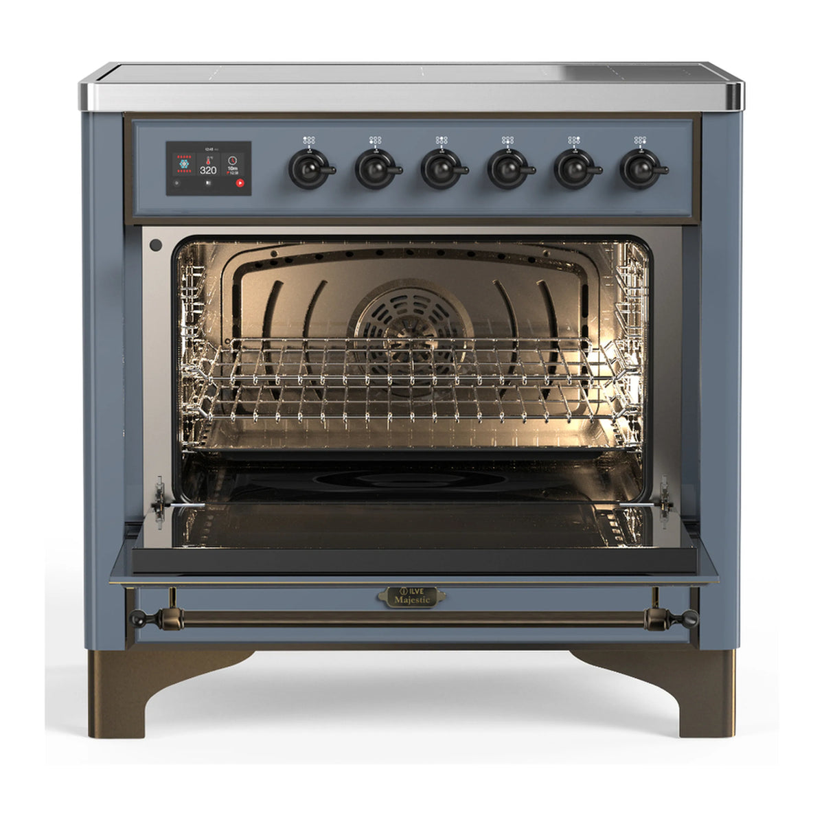 Induction range with open oven door, wire rack inside, and control display with knobs