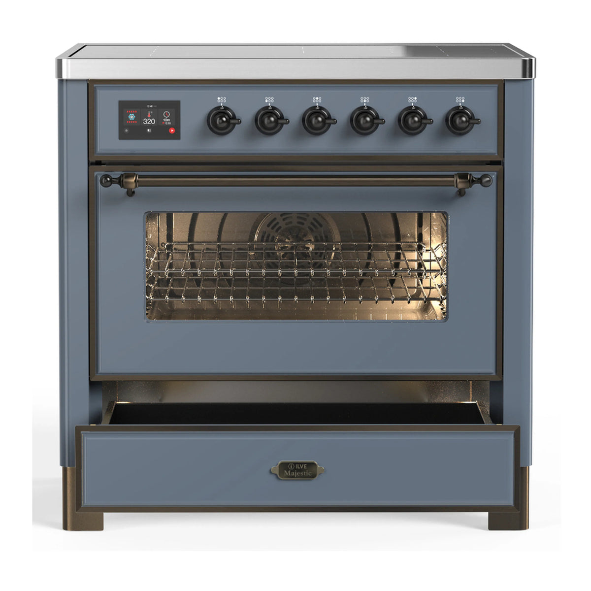 Induction range with closed triple-glass oven door and lower drawer, blue grey body