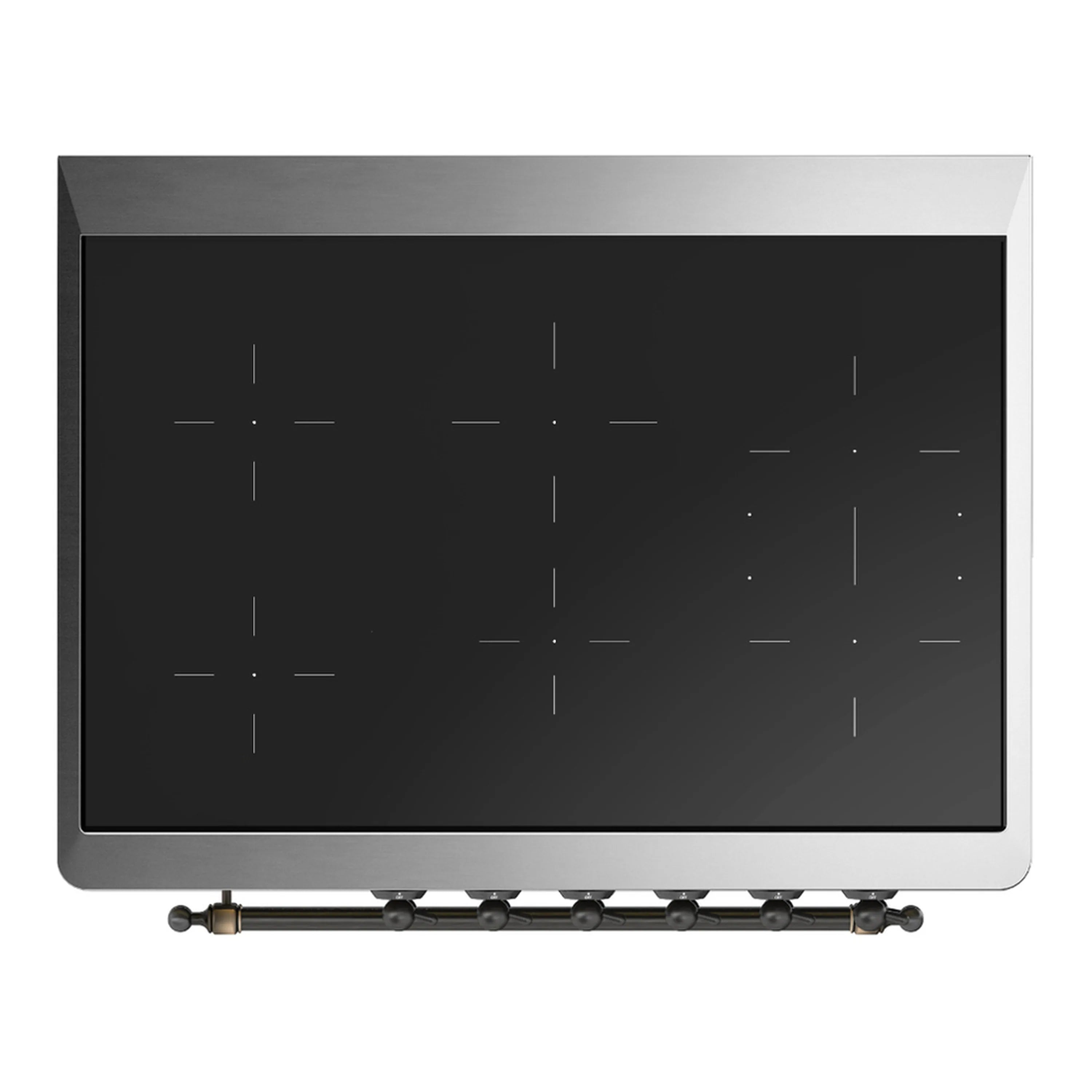 Induction range black cooktop glass with burner markings and gold-toned control bar