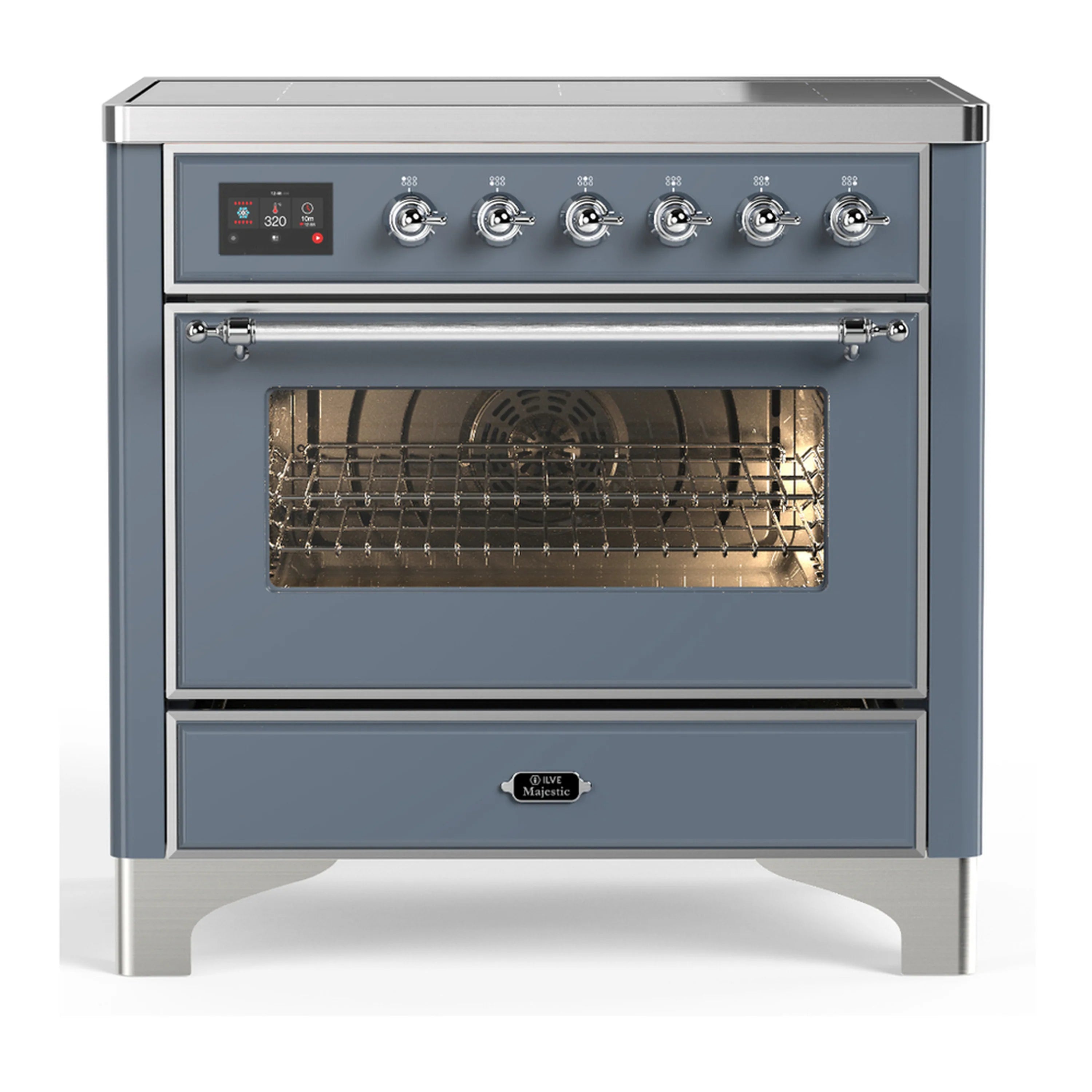 Blue-gray induction range front with chrome-trimmed oven door and control knobs