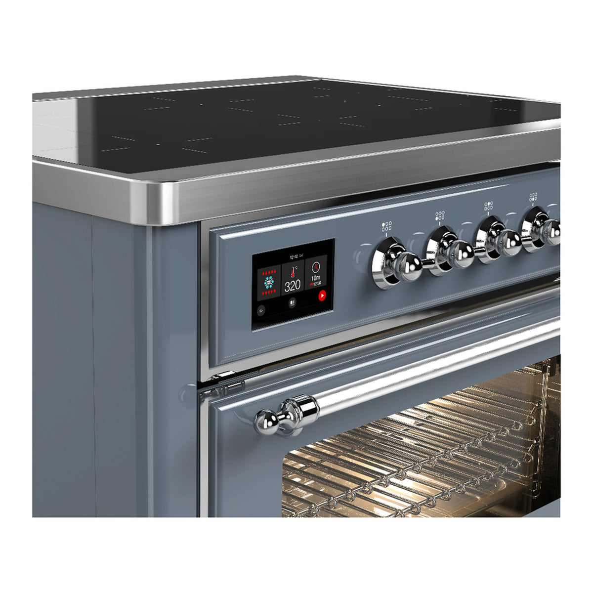 Blue-gray induction range side view with control panel, oven opening, chrome handles