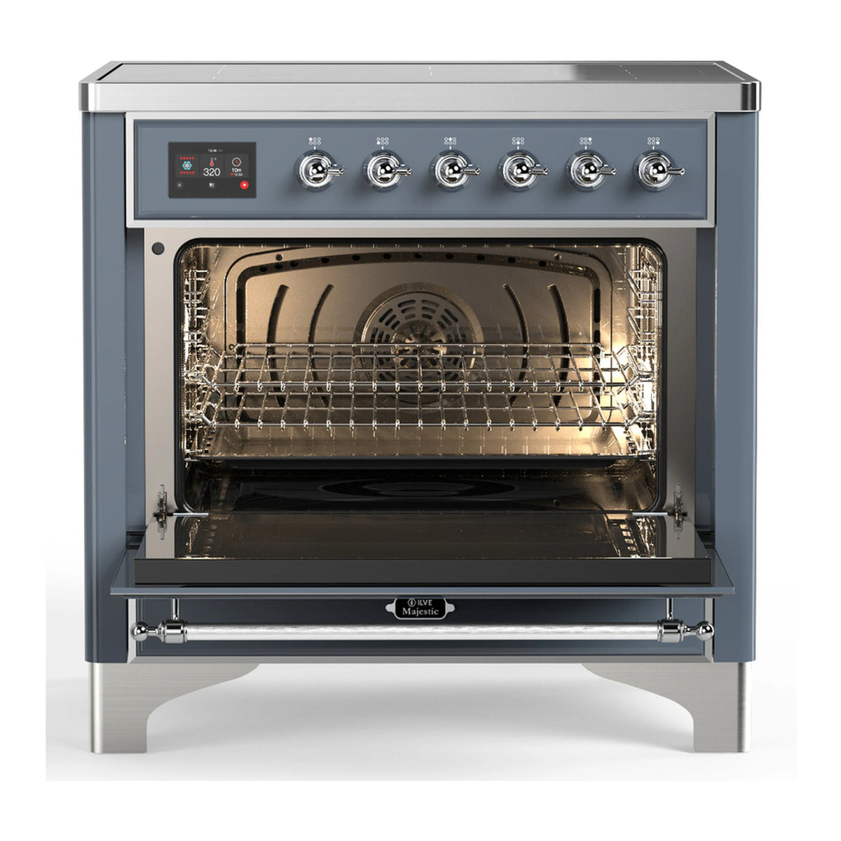 Blue-gray induction range with open oven, wire rack inside, chrome door frame