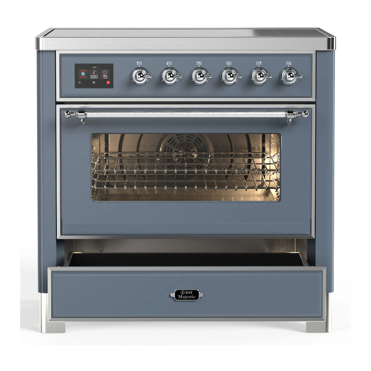 Blue-gray induction range front view with closed oven door, glass window, chrome trim