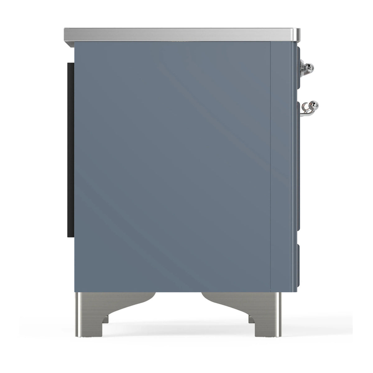 Blue-gray range side panel with chrome control knobs and lower legs