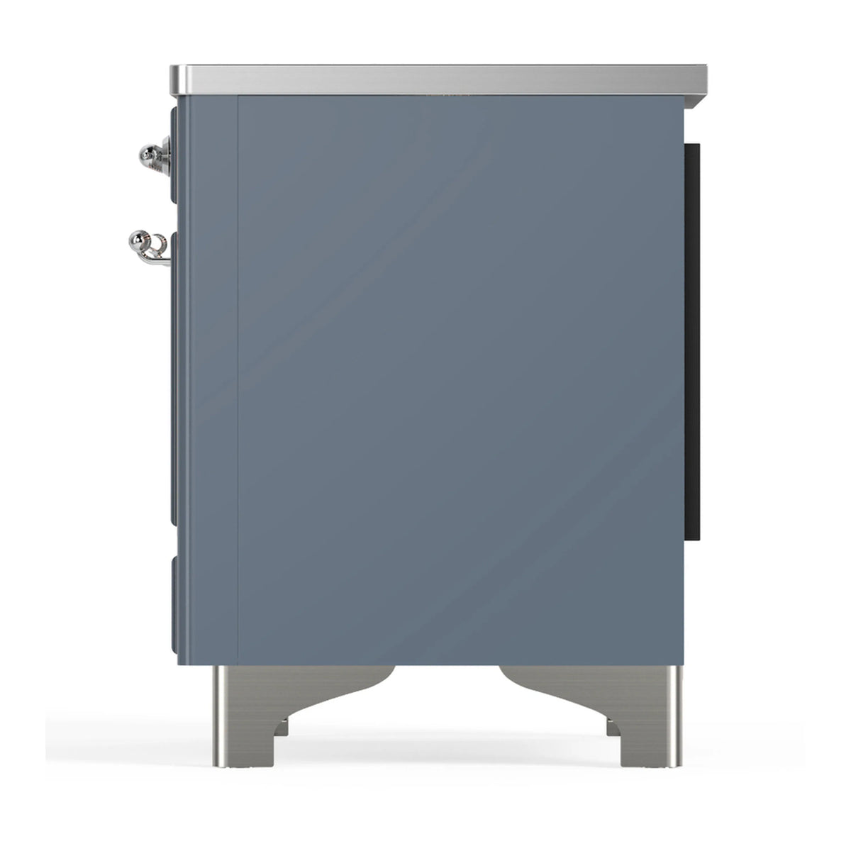 Blue-gray range side panel with chrome handles/knobs and adjustable feet