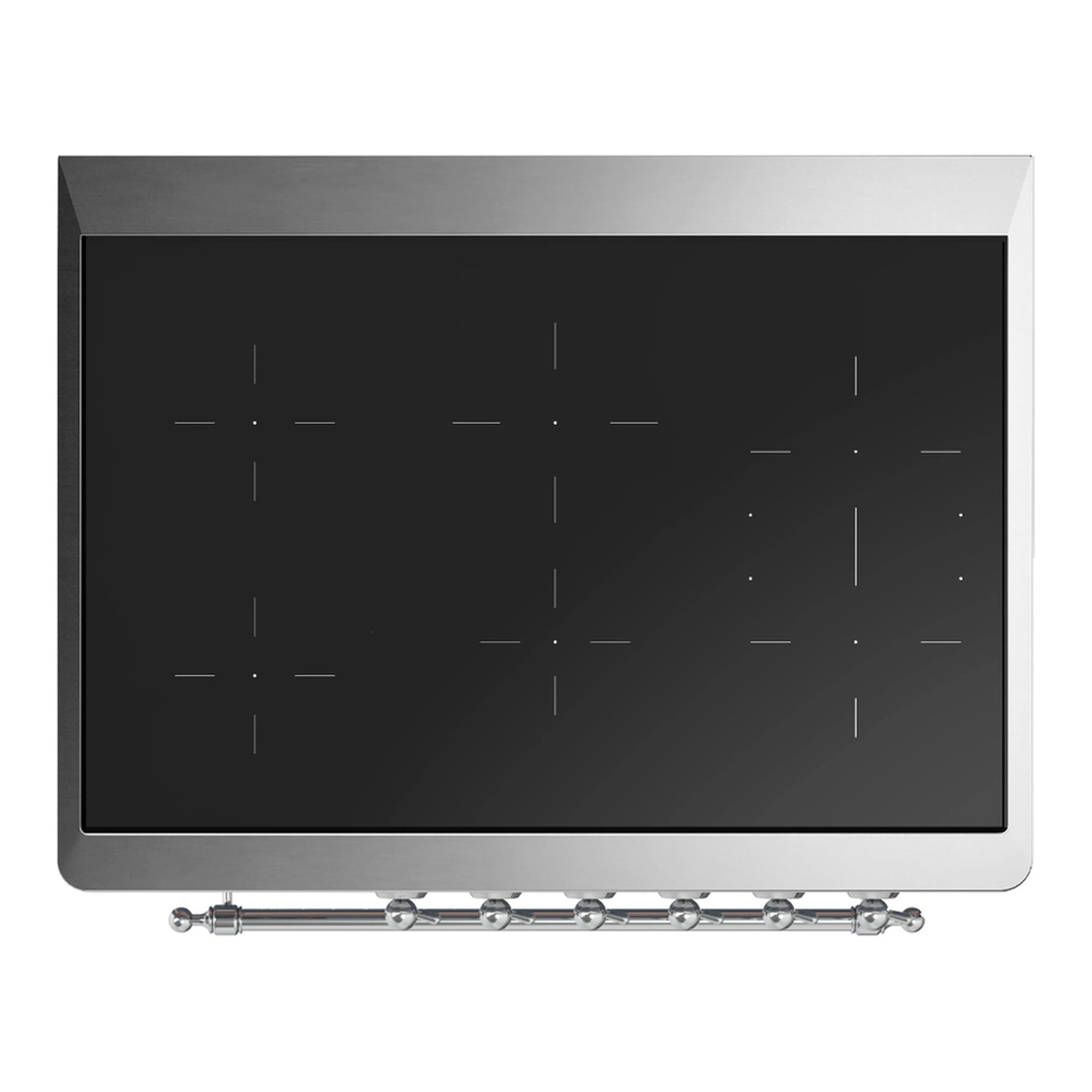 Black cooktop glass insert with burner markings and chrome rear control bar