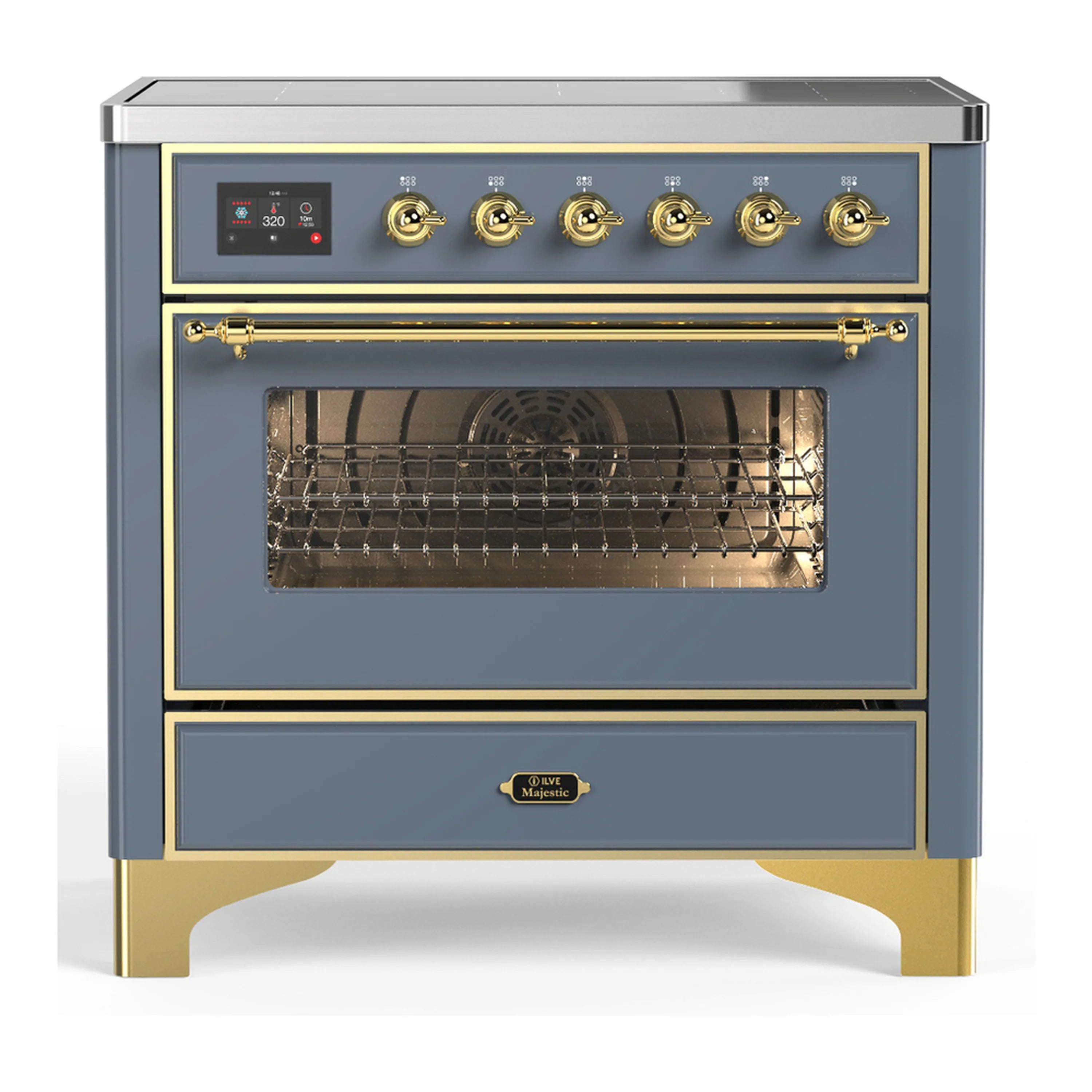 Blue-grey induction range with brass trim and triple-glass oven door, front view