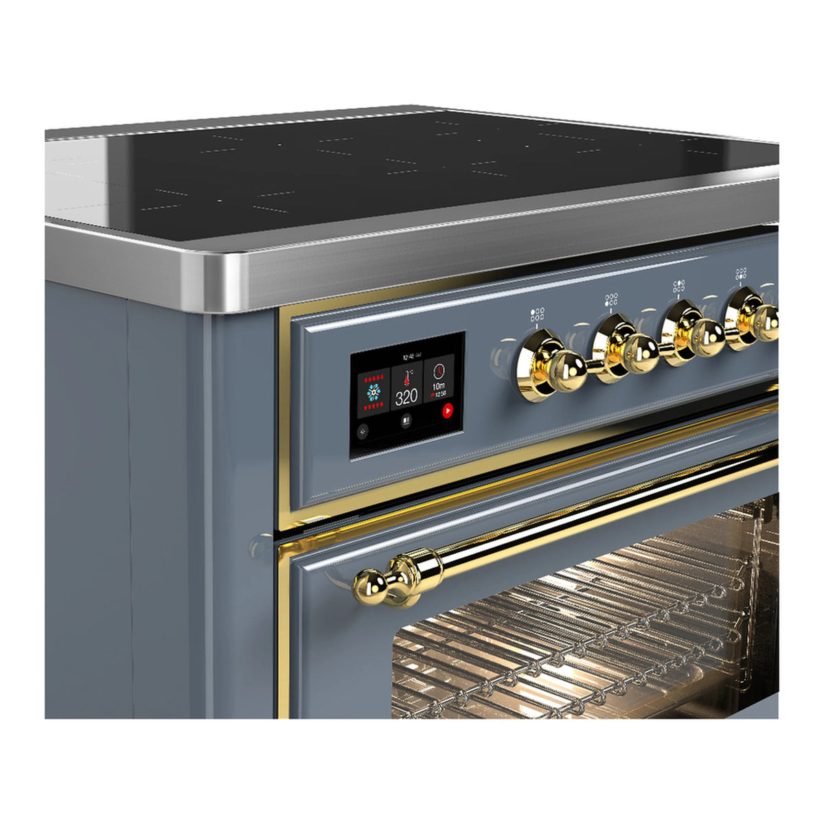 Blue-grey induction range control panel with brass knobs and display, close-up