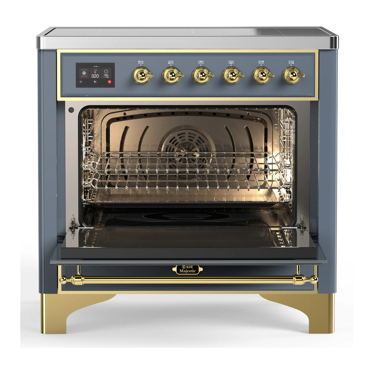 Blue-grey induction range with open oven door, racks and interior lighting