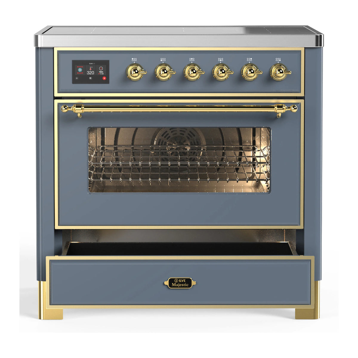 Blue-grey induction range with oven door closed and brass handle trim