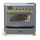 ILVE Majestic III 36-Inch Induction Range with 6 Induction Elements and Triple Glass Door Electric Oven in Blue Grey with Brass Trim (UMIB36NR3BGG)