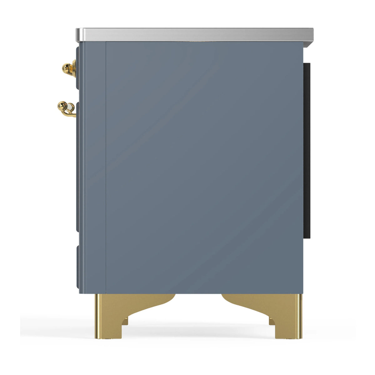 Blue-grey induction range rear/side profile with brass feet and corner hardware