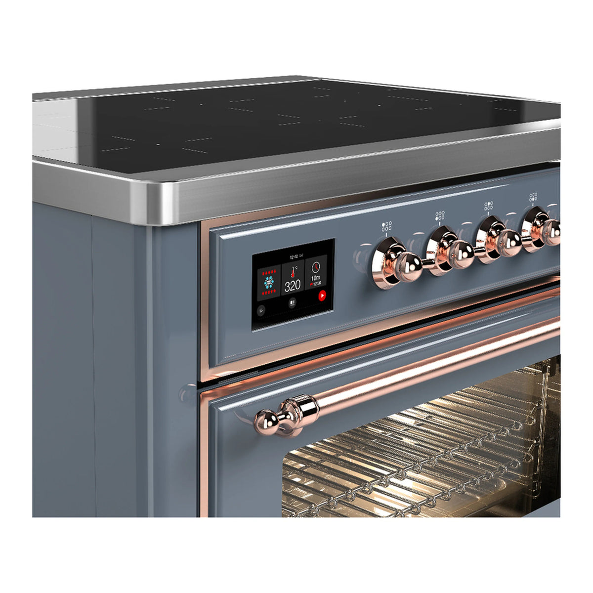 Blue-grey induction range control panel with copper-trim knobs and closed oven door