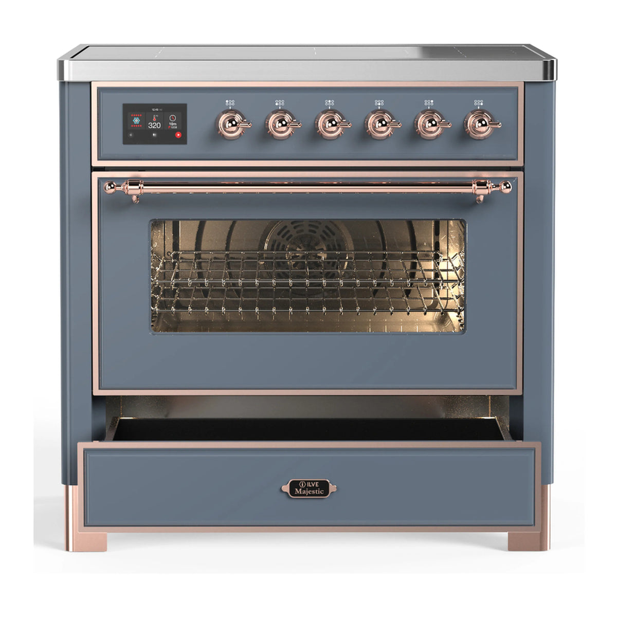 Blue-grey induction range with oven window and copper-trim knobs on control panel