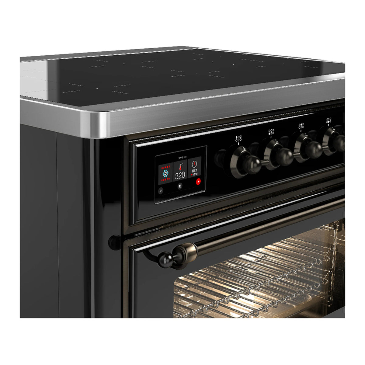 Glossy black induction range front with control panel, oven handle, and open oven cavity