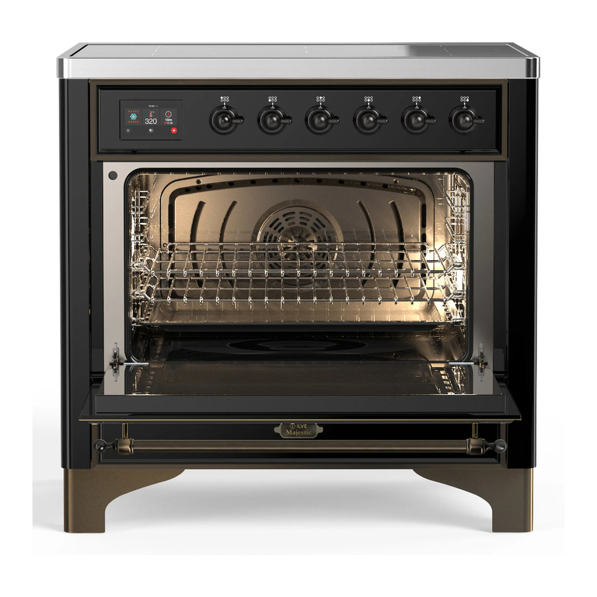 Glossy black induction oven with triple-glass door, visible racks, and illuminated interior