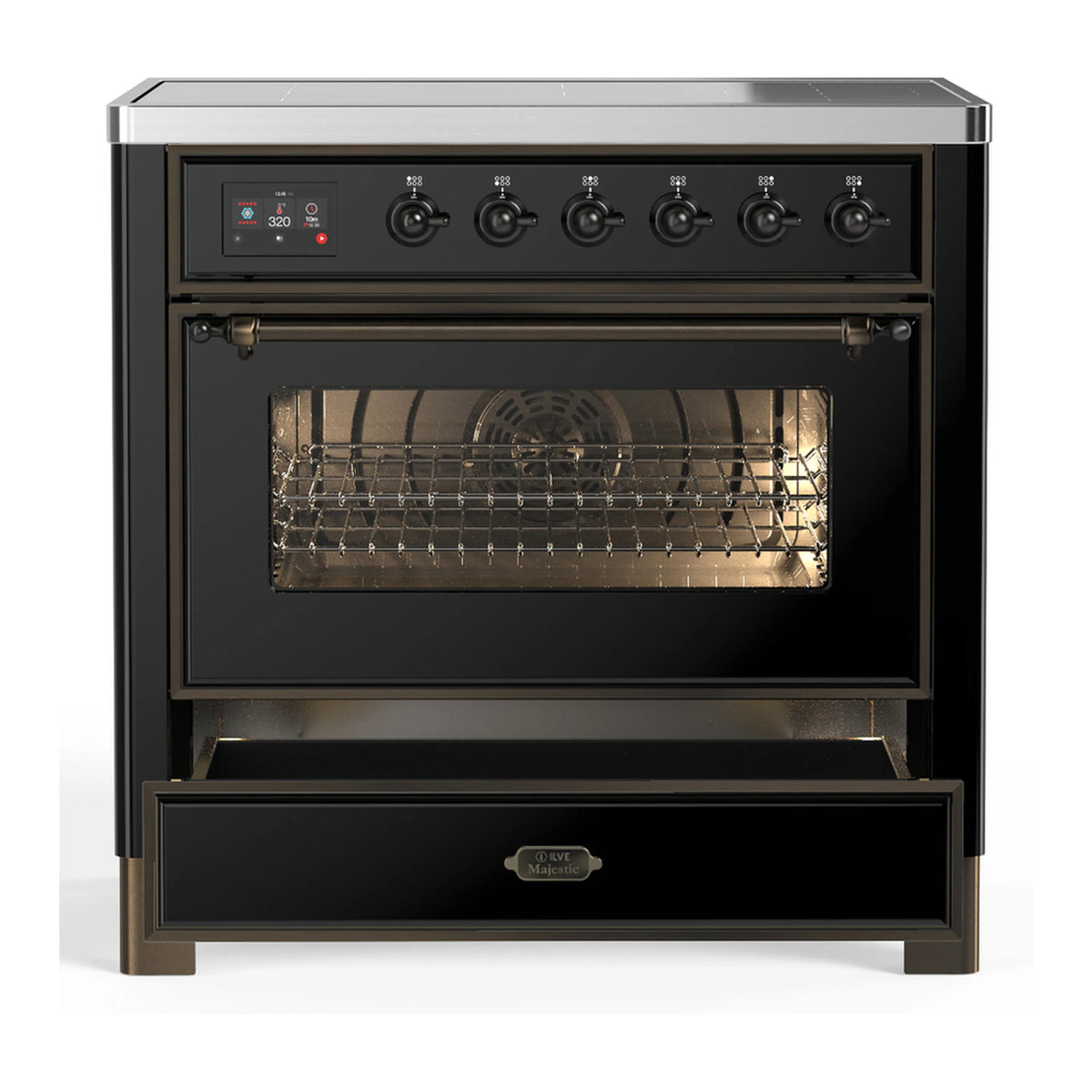Glossy black induction range with closed oven door, front controls, and visible oven window