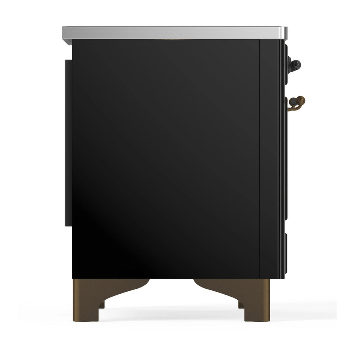 Glossy black induction range side view with trim and rear control area