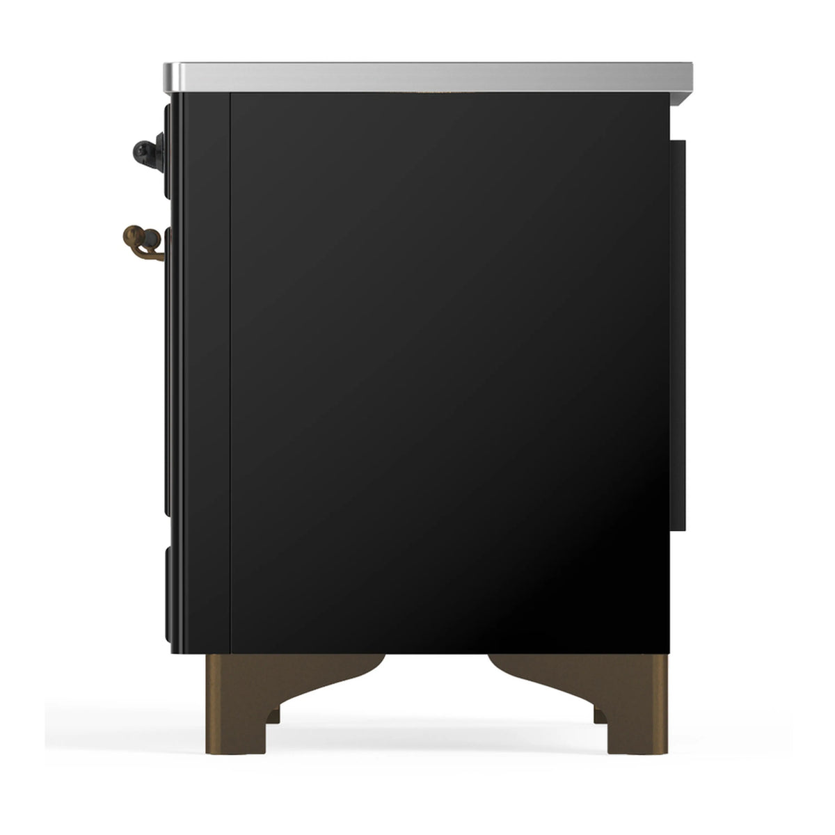 Glossy black induction range rear corner view with side handles and back panel
