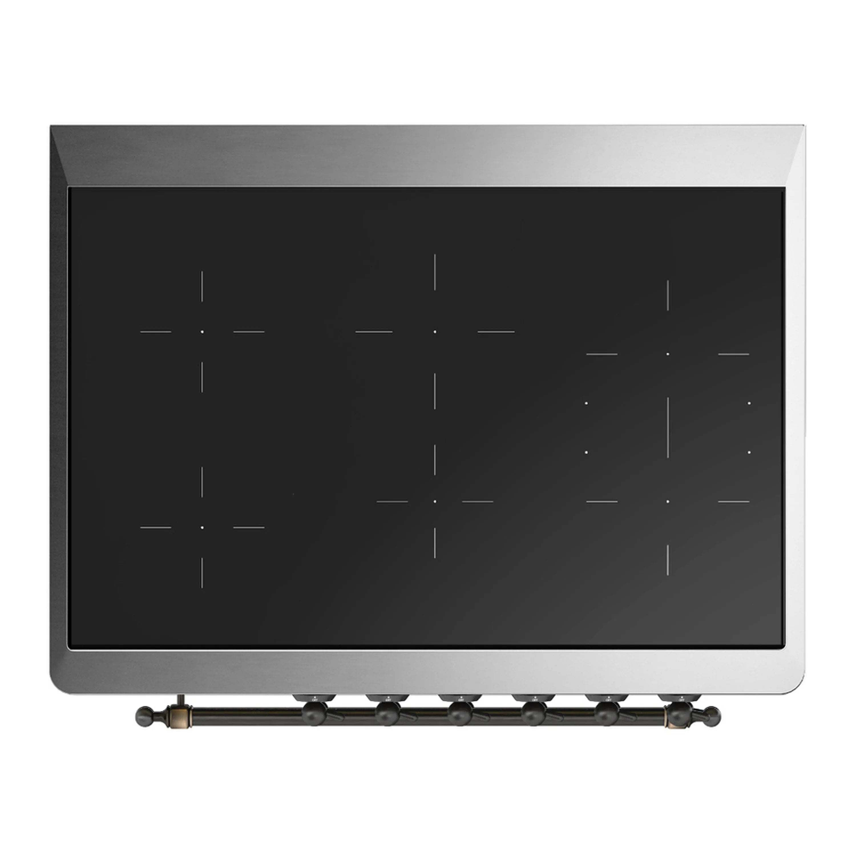 Tempered glass oven door panel with minimalist touch points and bottom control knobs