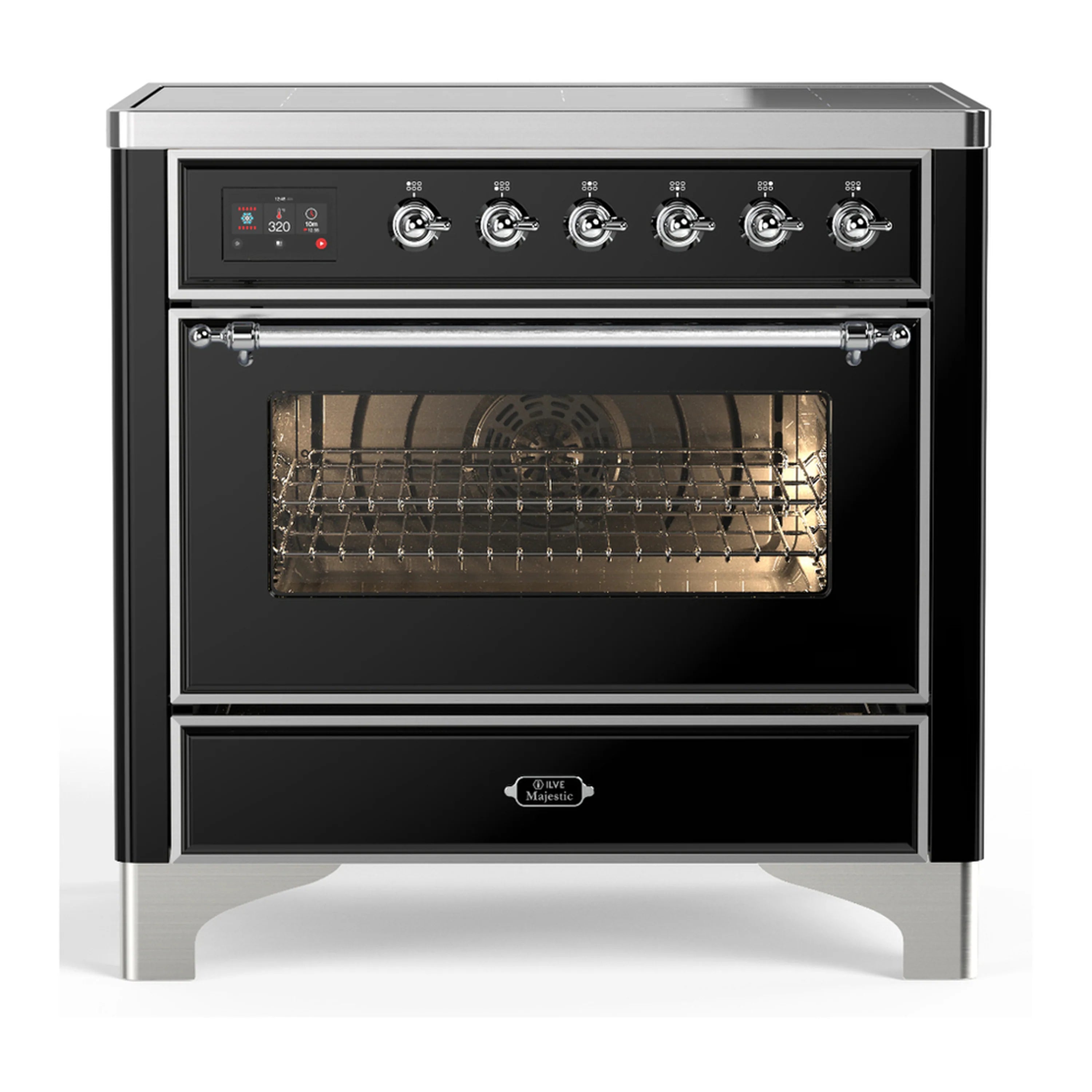Glossy black induction range with 6 burner knobs and open oven window, chrome trim