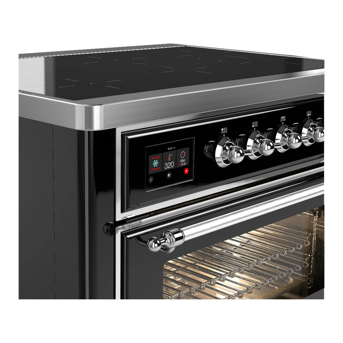 Glossy black induction range control panel with knobs, digital display, and oven door