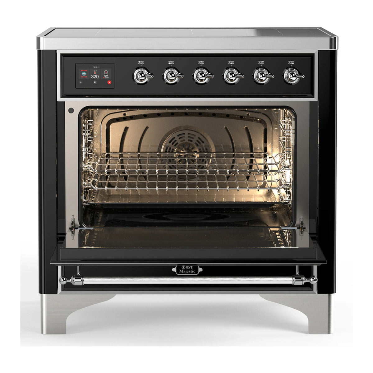 Glossy black induction range with oven racks visible through glass door, chrome trim