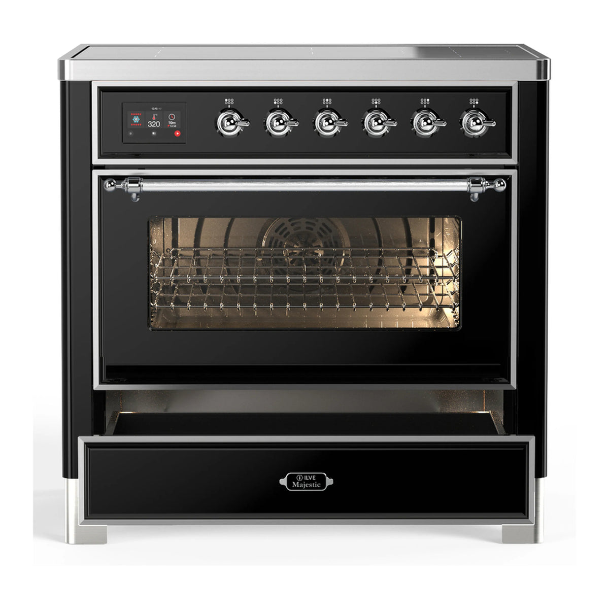 Glossy black induction range with oven door closed and burner controls, chrome trim