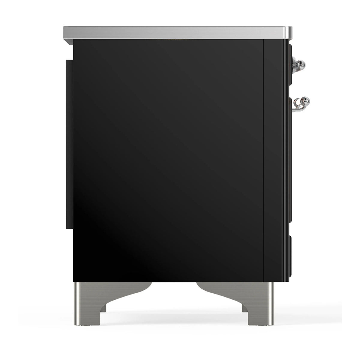 Glossy black induction range side panel with chrome trim and pull hardware
