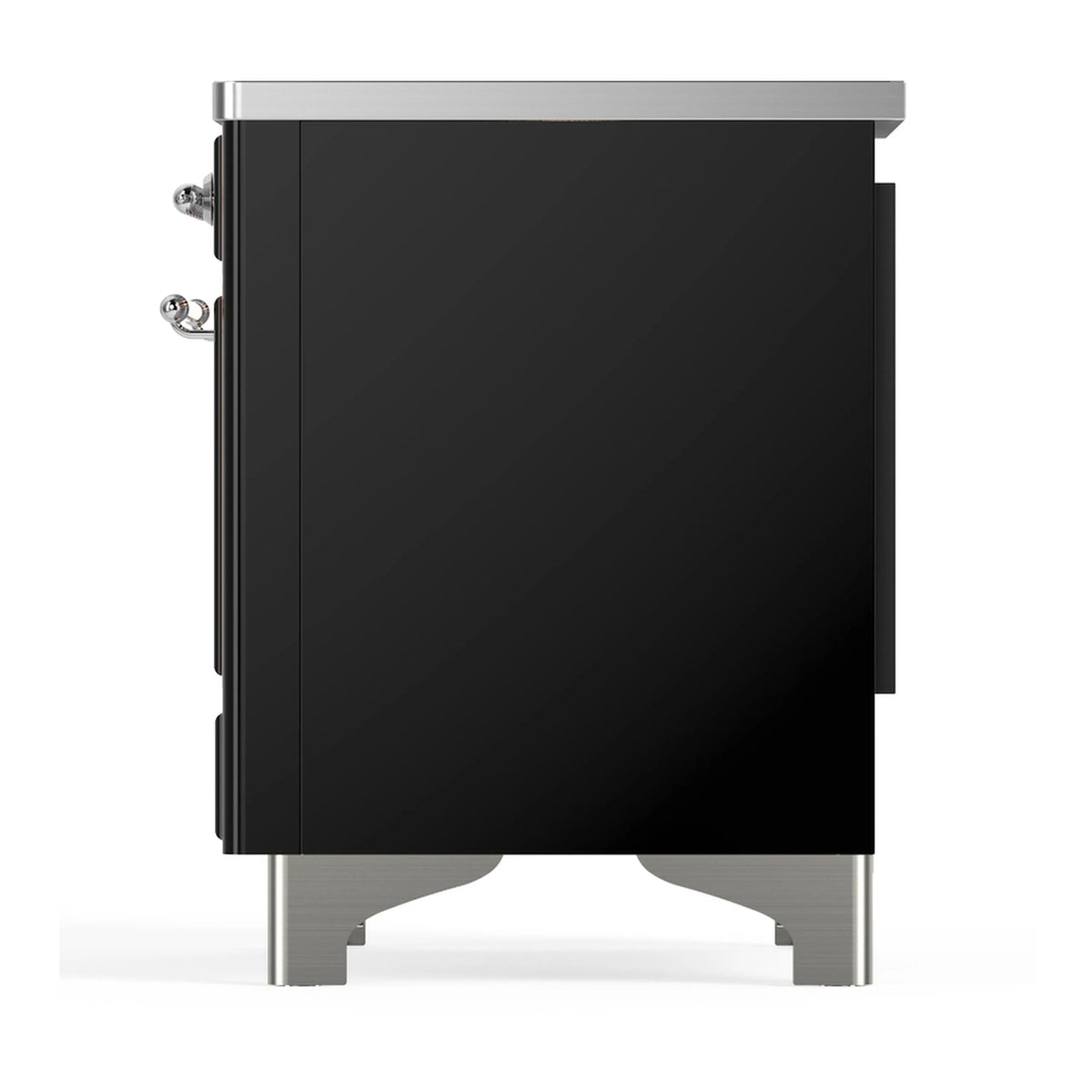 Glossy black induction range rear side panel with chrome legs and trim