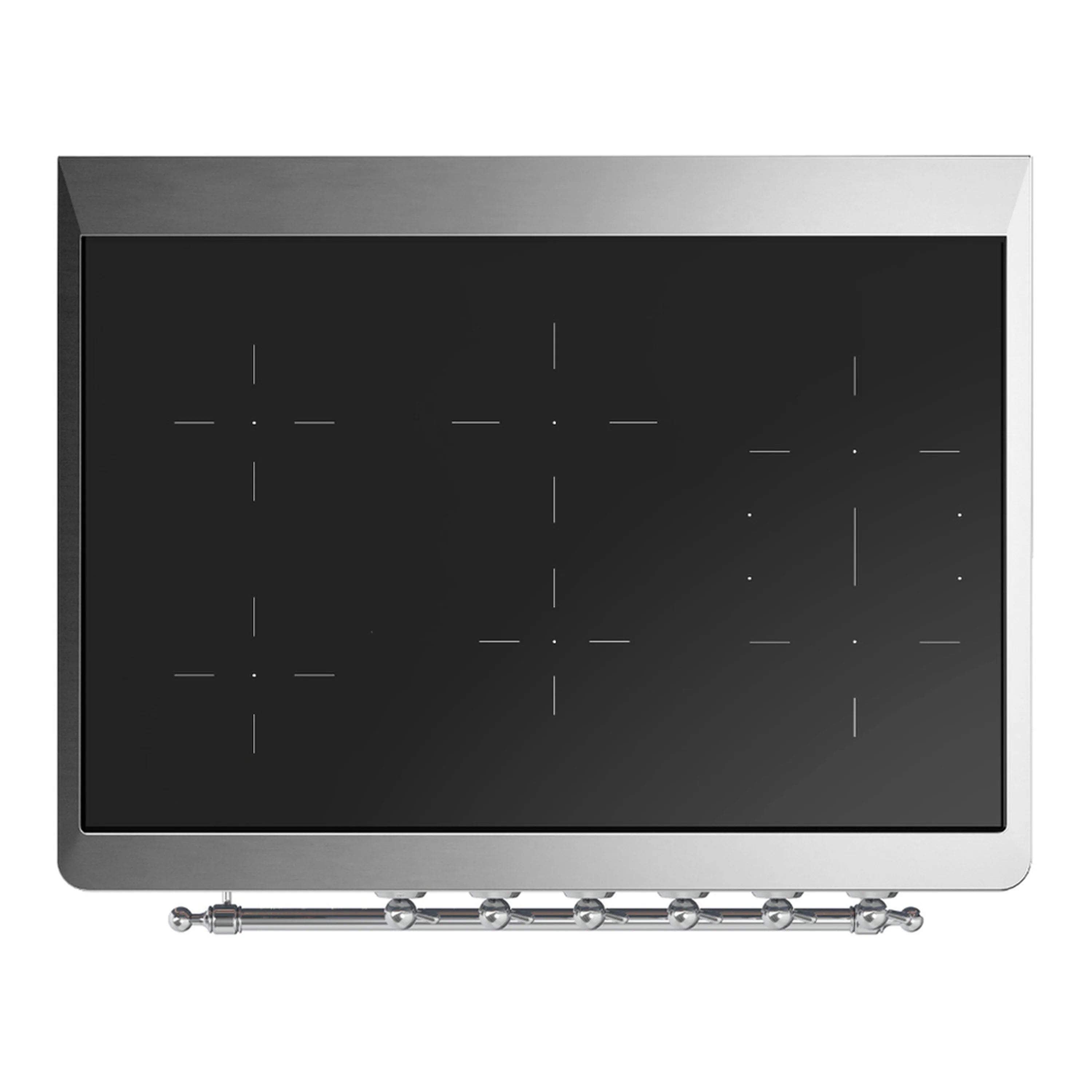 Glossy black oven door panel with vent openings and chrome handle bar