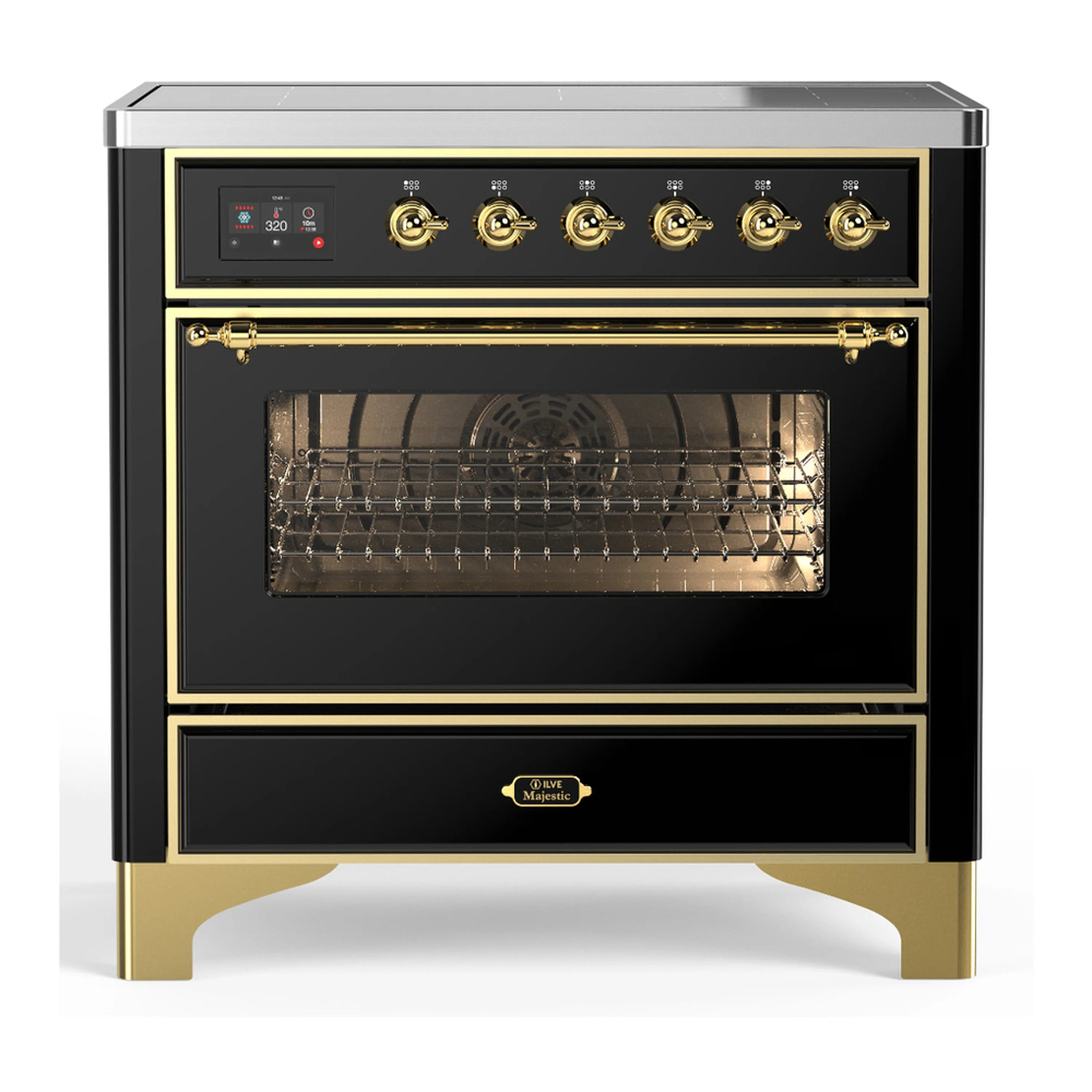 36-inch induction range with glossy black oven door, brass trim, and open oven cavity