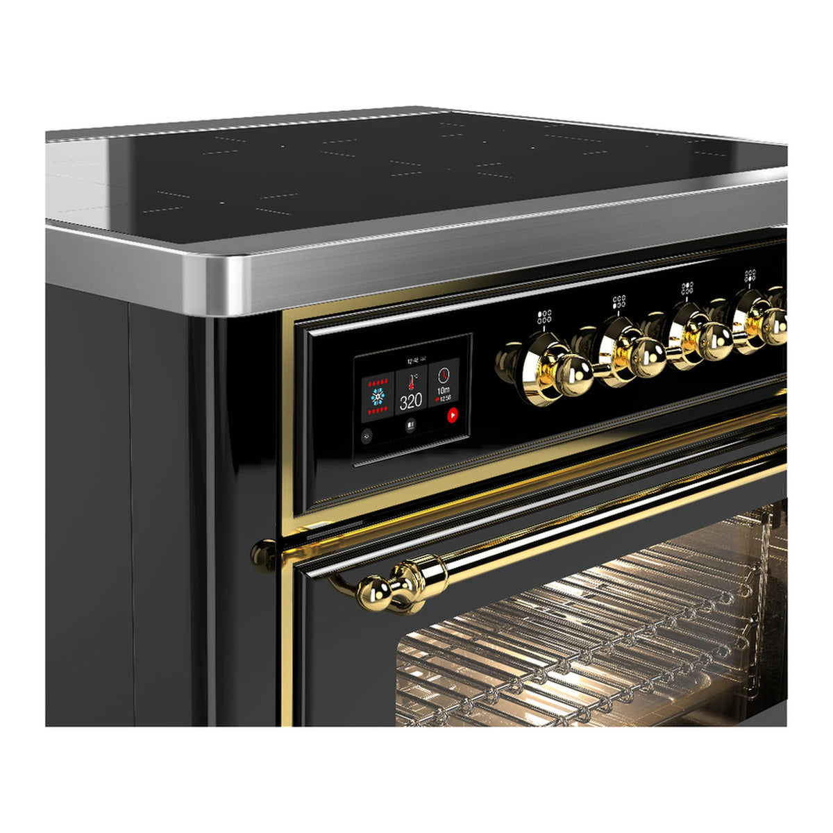 Black induction range control panel with gold knobs and open oven door