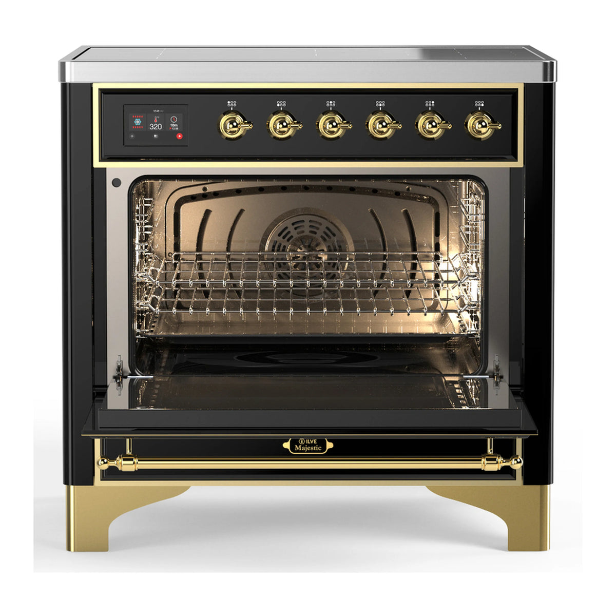 36-inch induction range with open oven, wire rack, and glossy black triple glass door