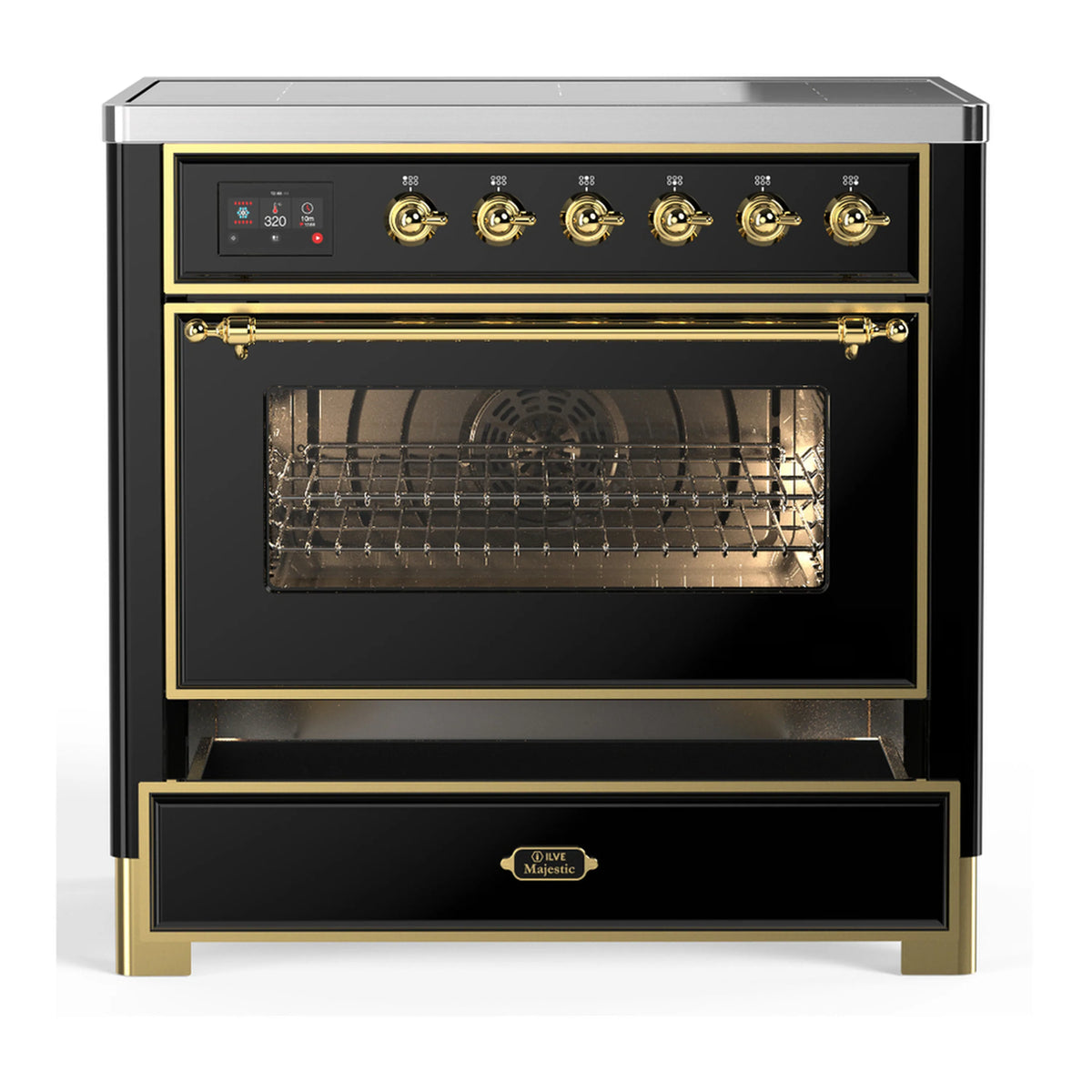 36-inch induction range with closed oven, brass-trimmed door, and gold control knobs