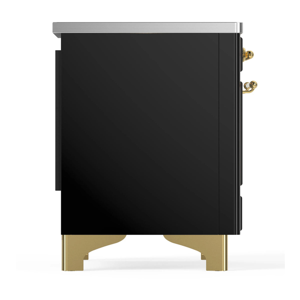 Glossy black induction range side view with brass trim and gold-toned legs
