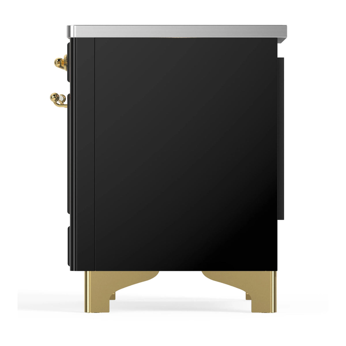 Glossy black induction range angled side view with brass trim corners and legs