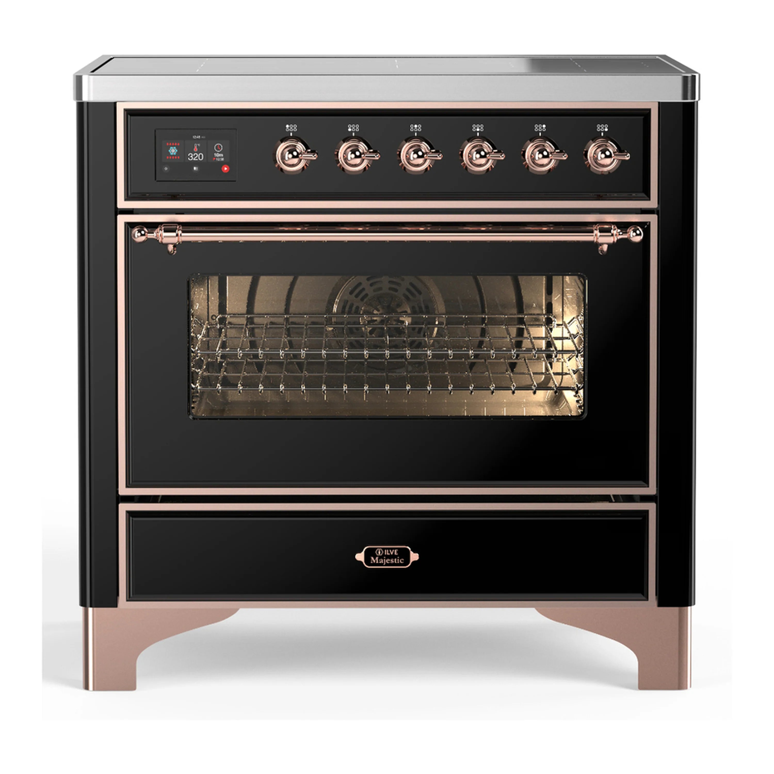 Black induction range with copper-trim knobs and open electric oven door, racks inside.