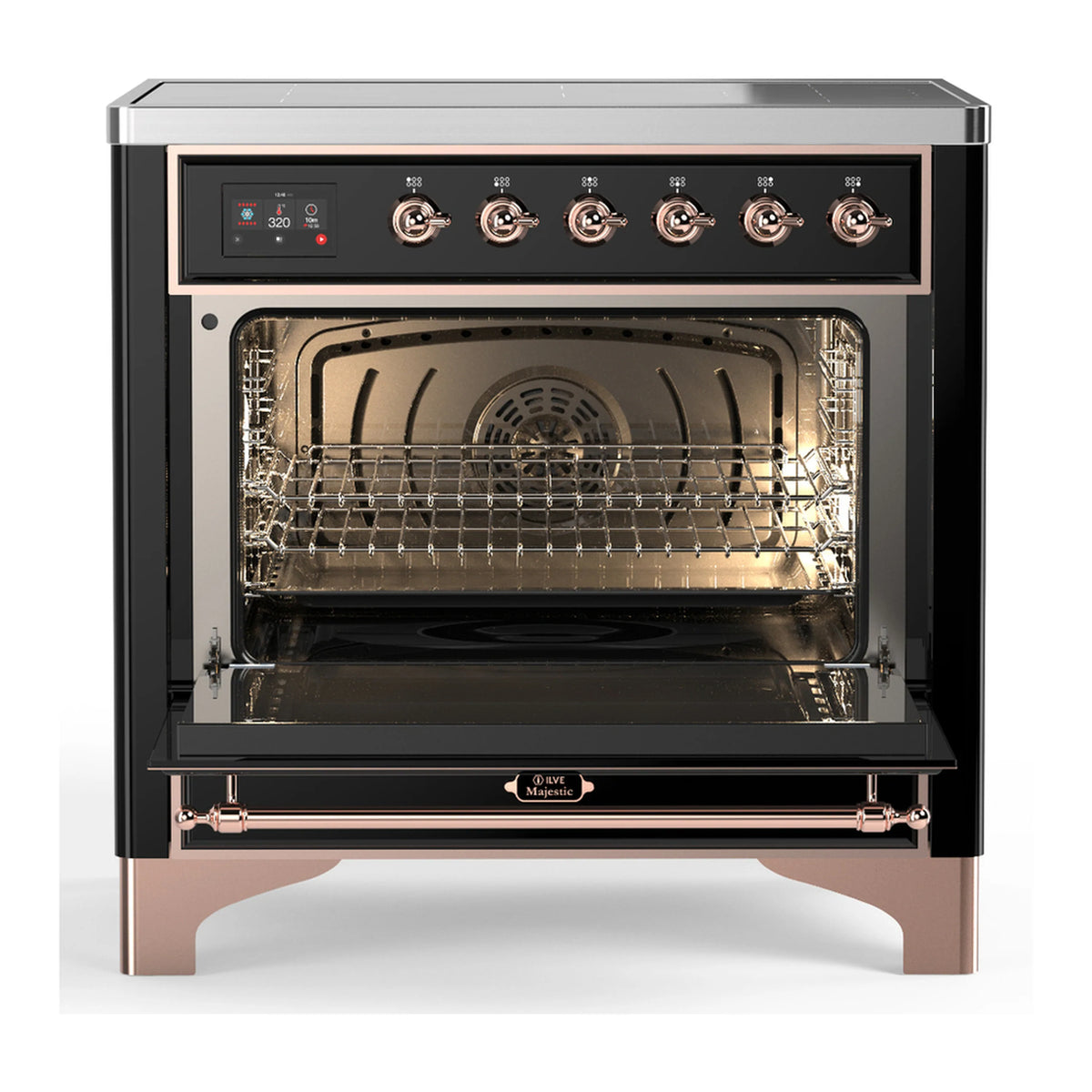 Black induction range with copper-trim open oven door, interior racks and fan.