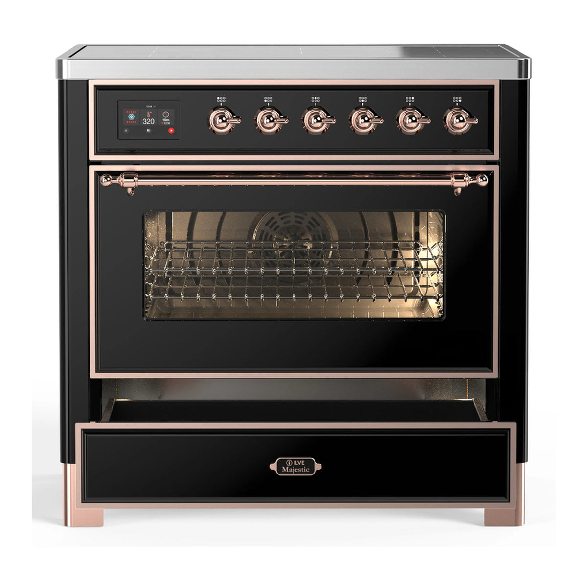 Black induction range with copper trim, oven door closed and lower drawer storage open.