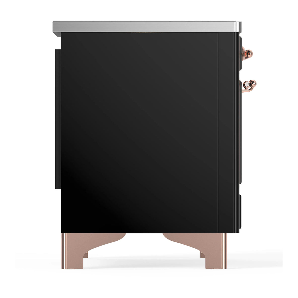 Black induction range side panel with copper handles and matching base feet.