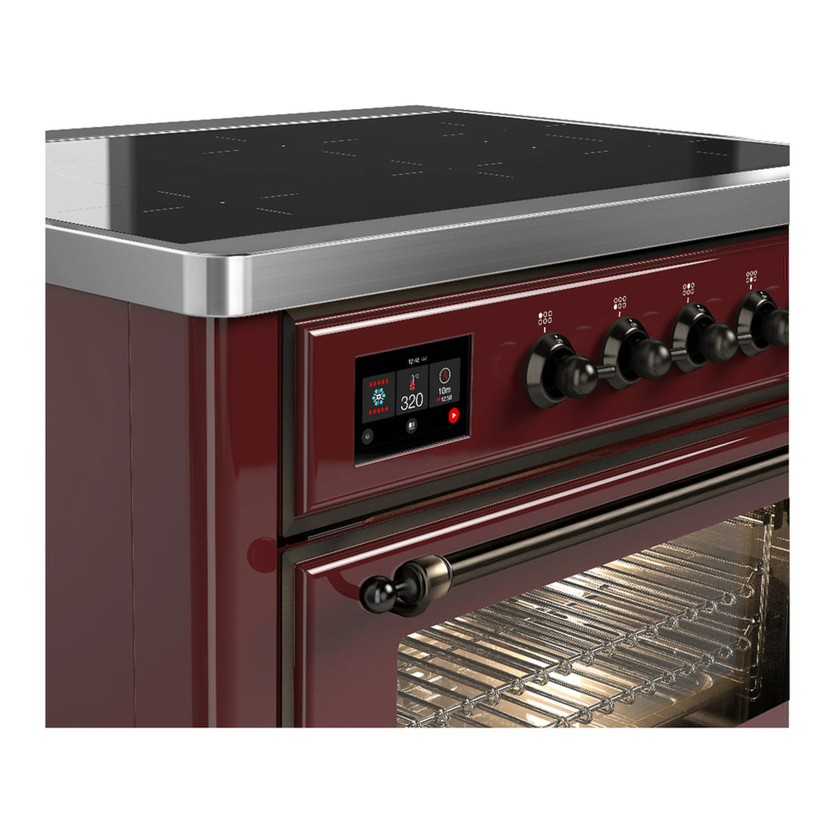 Burgundy induction range front: digital display, knob controls, open oven rack