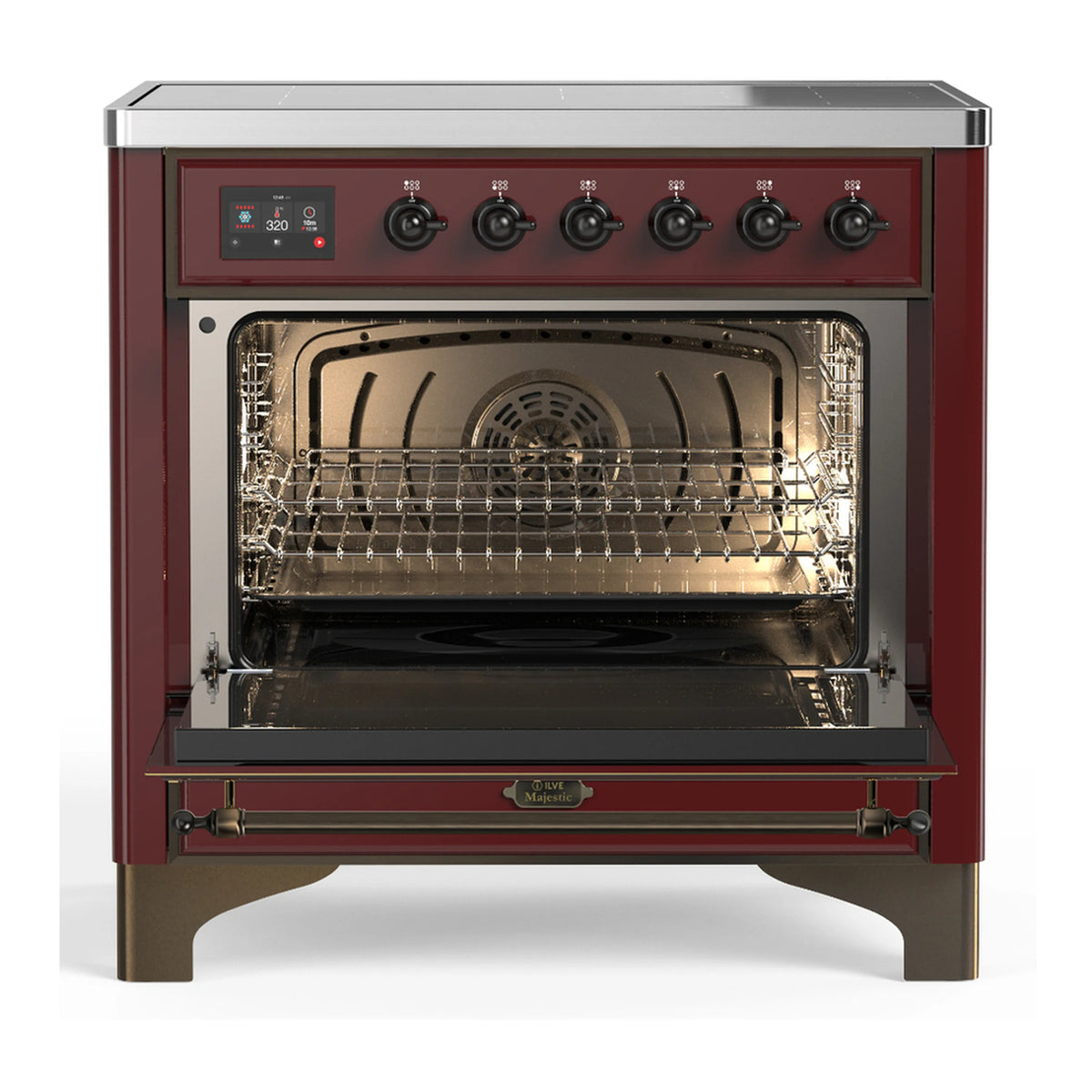 Burgundy induction range with open triple-glass oven door and wire oven rack