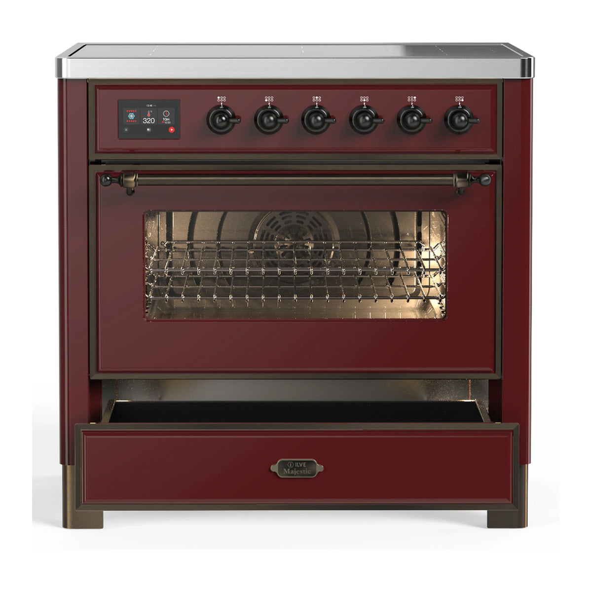 Burgundy induction range with closed oven door, front knobs, and glass cooktop