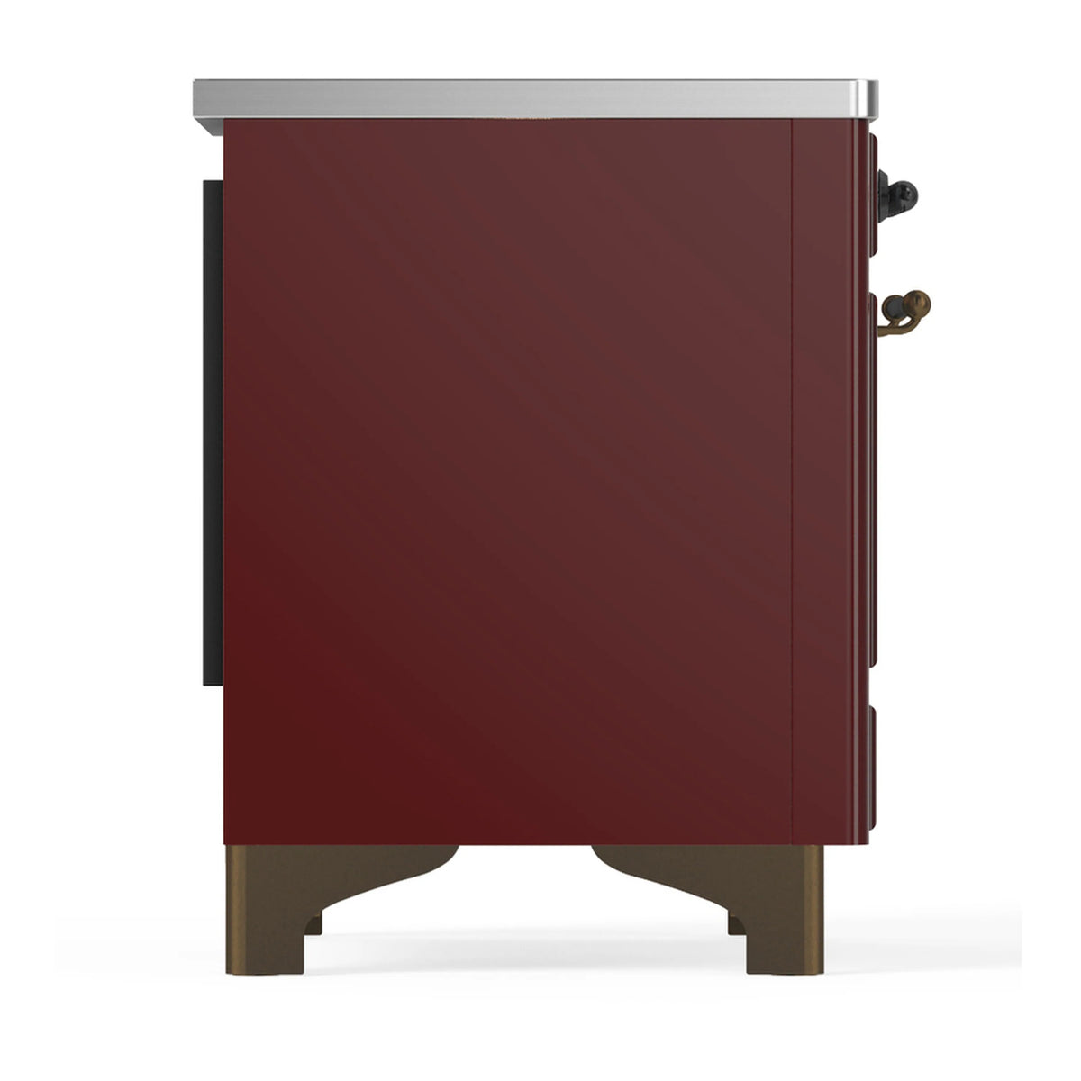 Burgundy induction range side panel with trim and rear control knobs